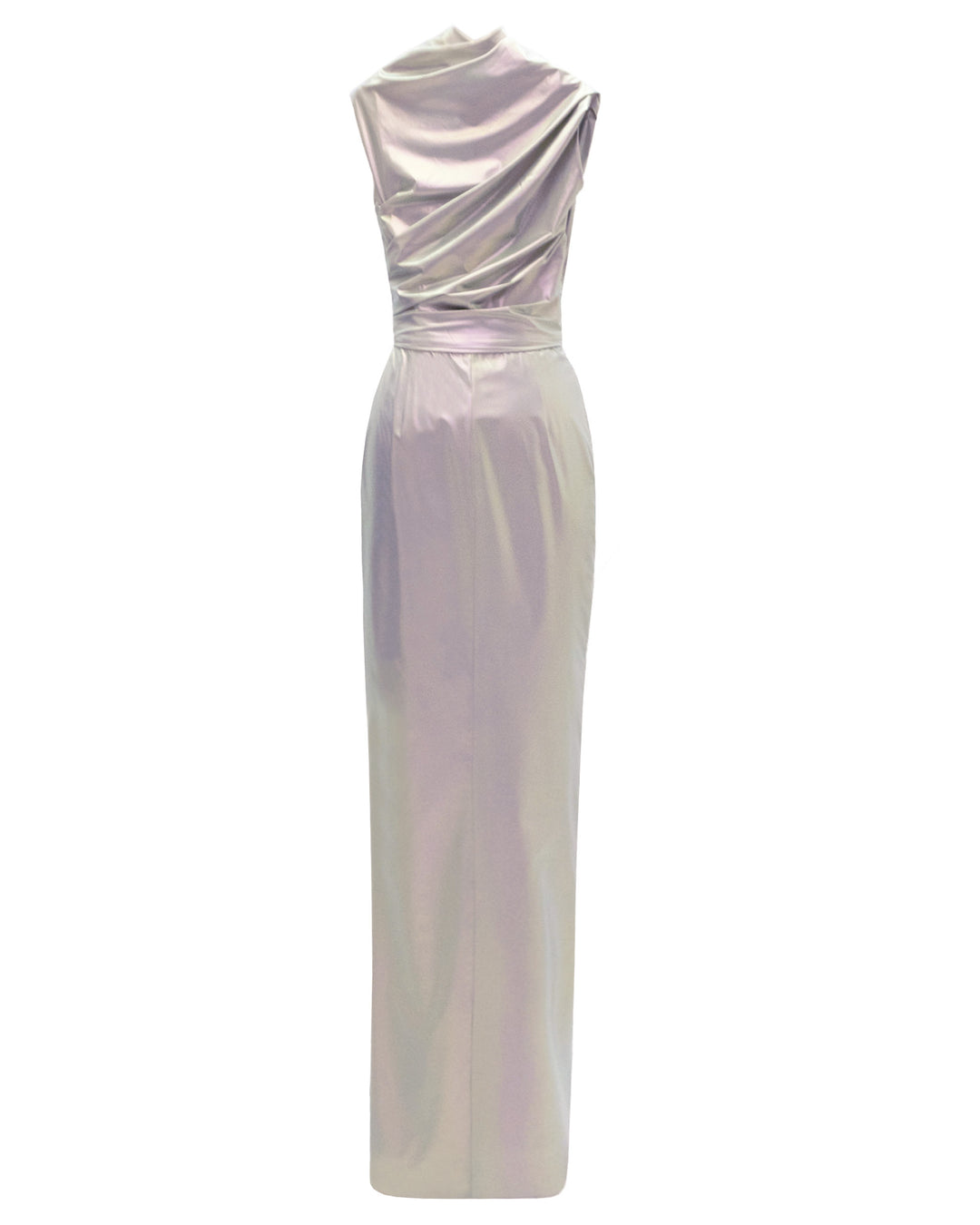 The back of an asymmetrical neckline evening dress in metallic pink latex fabric, with draping details on the waist.