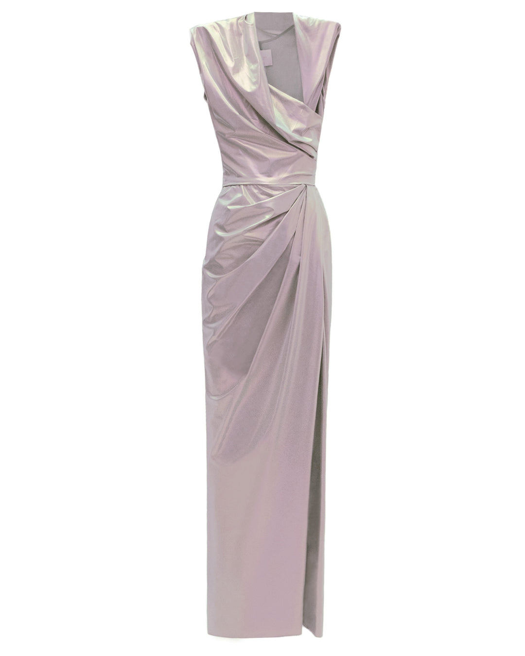 The back of an asymmetrical neckline evening dress in metallic pink latex fabric, with draping details on the waist and a side slit.