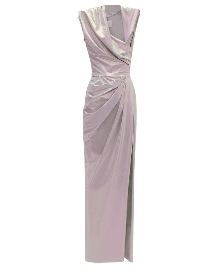 The back of an asymmetrical neckline evening dress in metallic pink latex fabric, with draping details on the waist and a side slit.