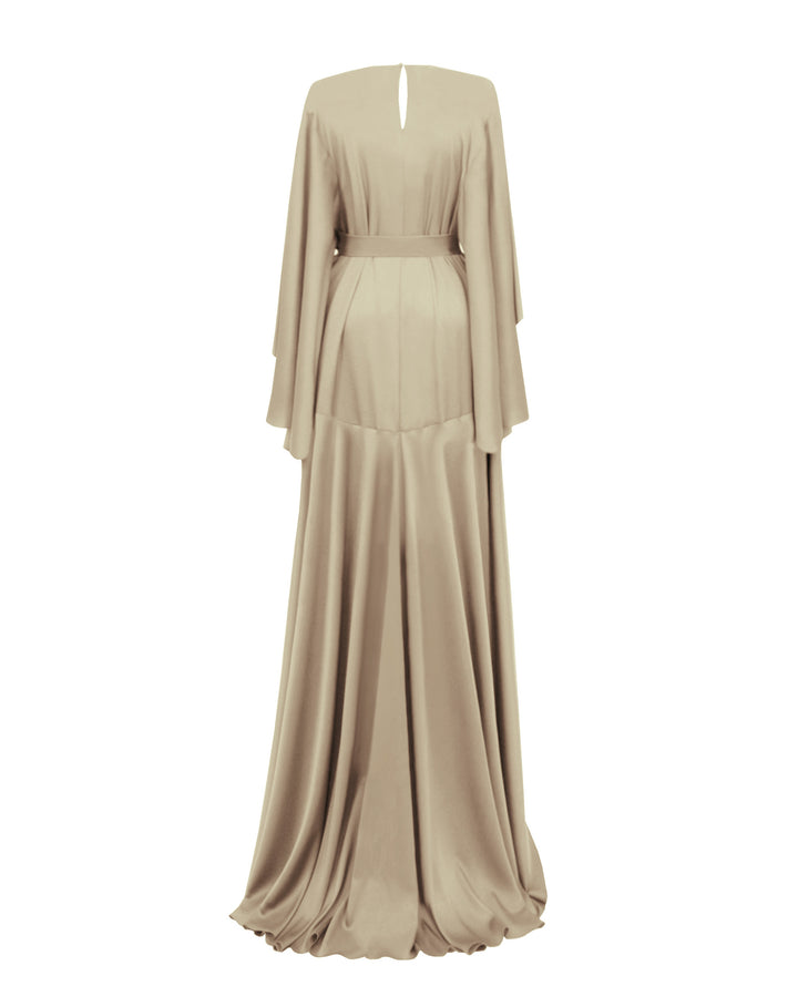 The back of a loose-cut satin greige evening dress featuring bell sleeves cut and a detachable belt.