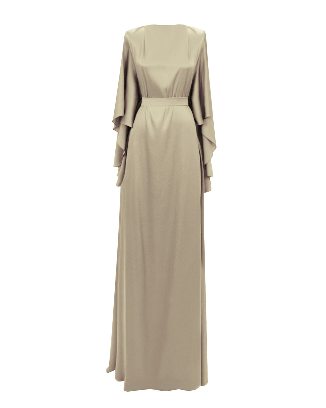 A loose-cut satin greige evening dress featuring bell sleeves cut and a detachable belt.