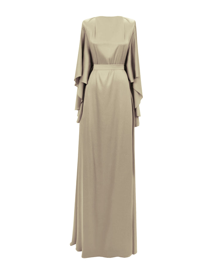 A loose-cut satin greige evening dress featuring bell sleeves cut and a detachable belt.