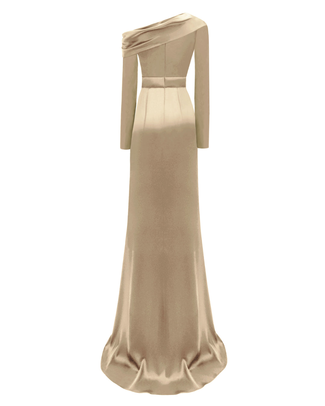 The back of a slim-cut gold satin evening dress featuring an asymmetrical draped neckline.