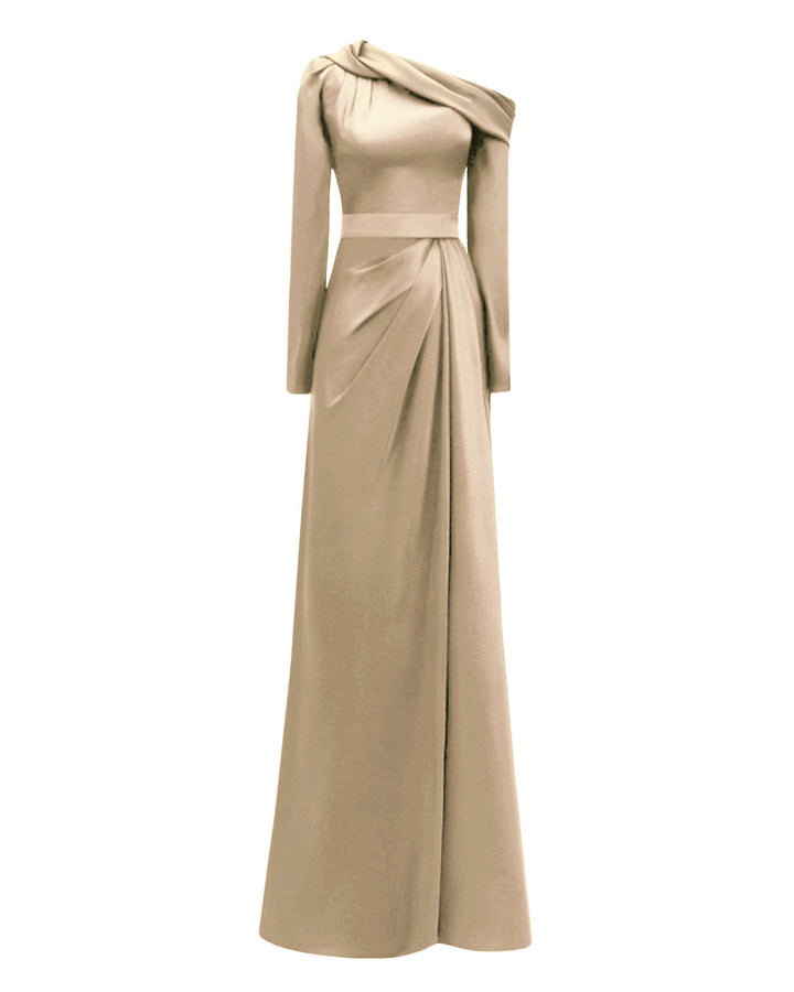 A slim-cut gold satin evening dress featuring an asymmetrical draped neckline and draping details on the waist.