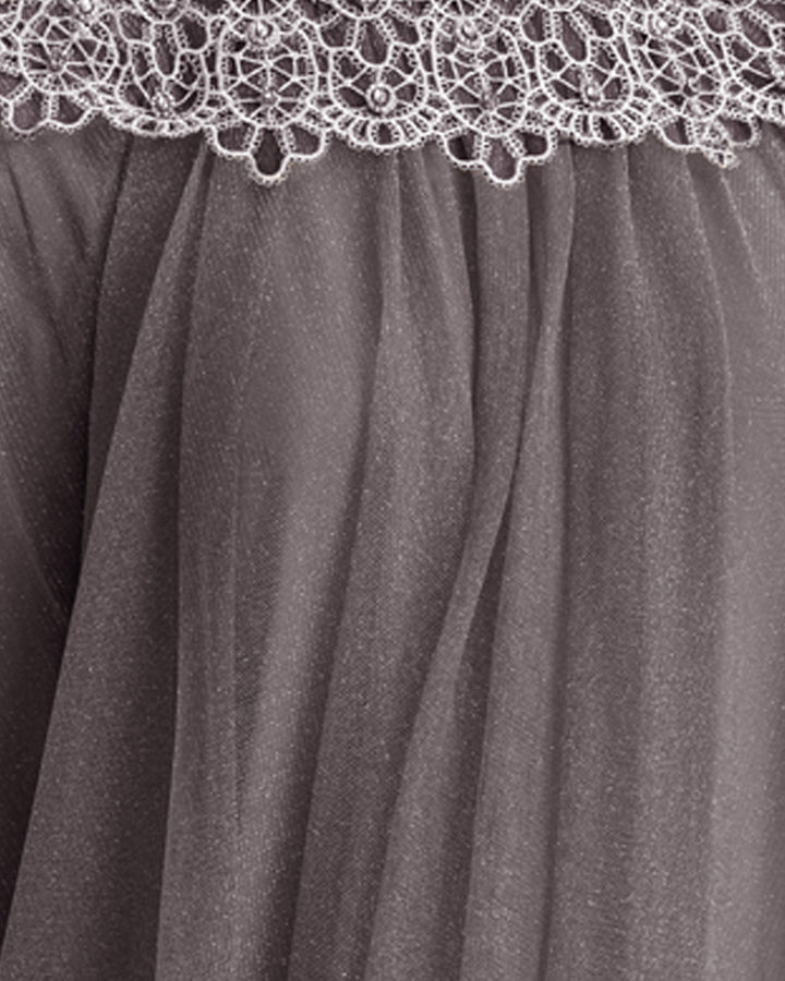 A close-up of the grey tulle fabric ang the lace.