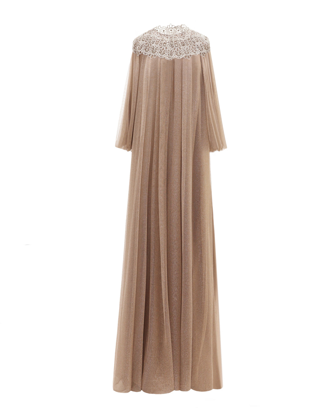 A taupe color kaftan-style loose-cut tulle dress with lace at the neckline and three-quarter sleeves.