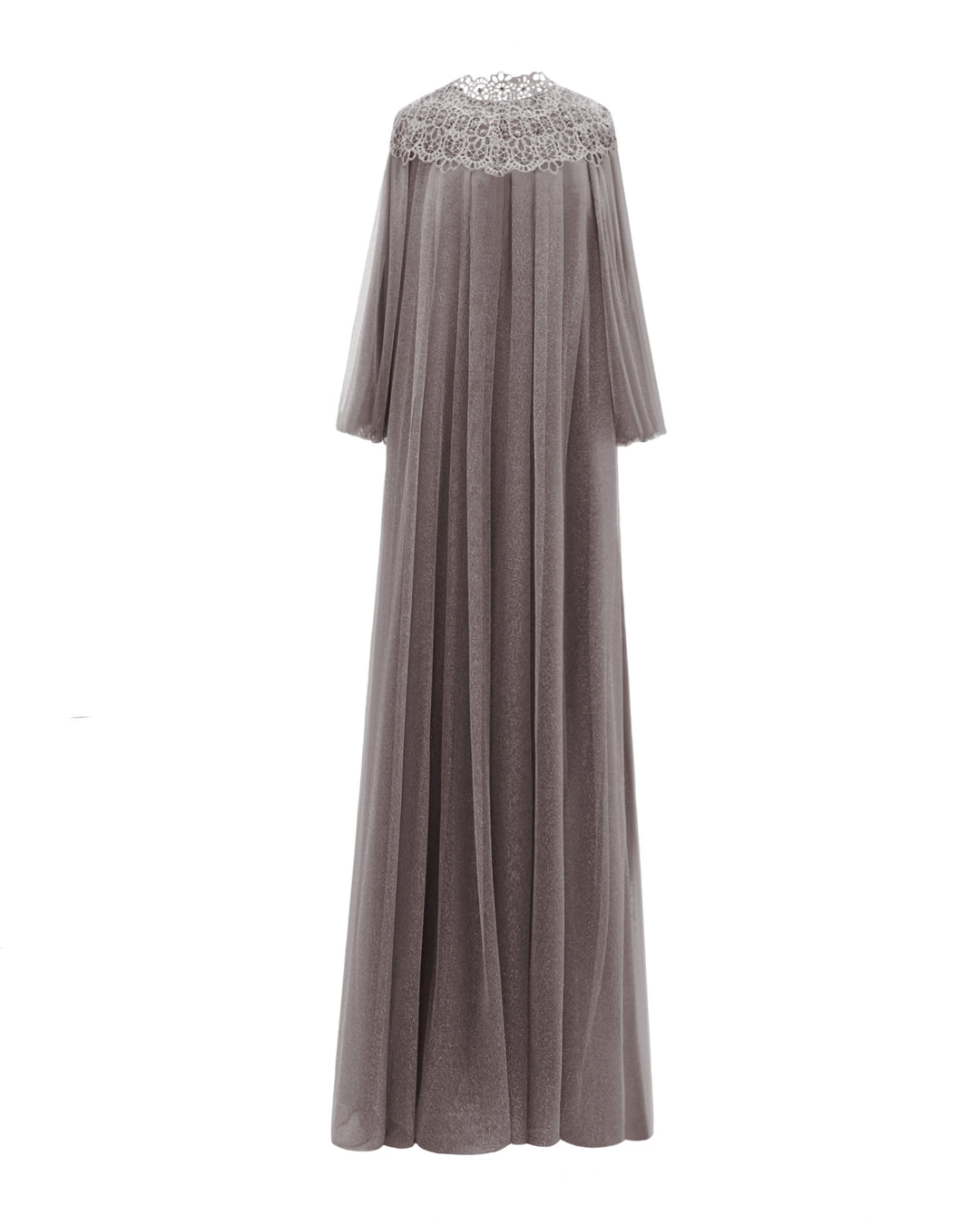 A kaftan-style loose-cut grey evening dress with lace at the neckline and three-quarter bishop sleeves.