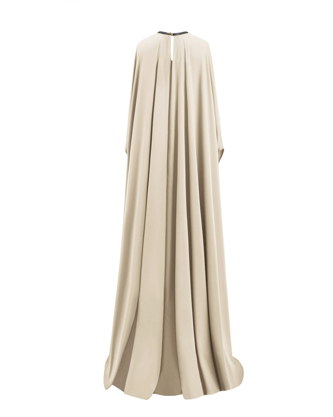 The back of a cream satin kaftan-style evening dress with a draped beaded neckline, featuring three-quarters sleeves with beaded cuffs.