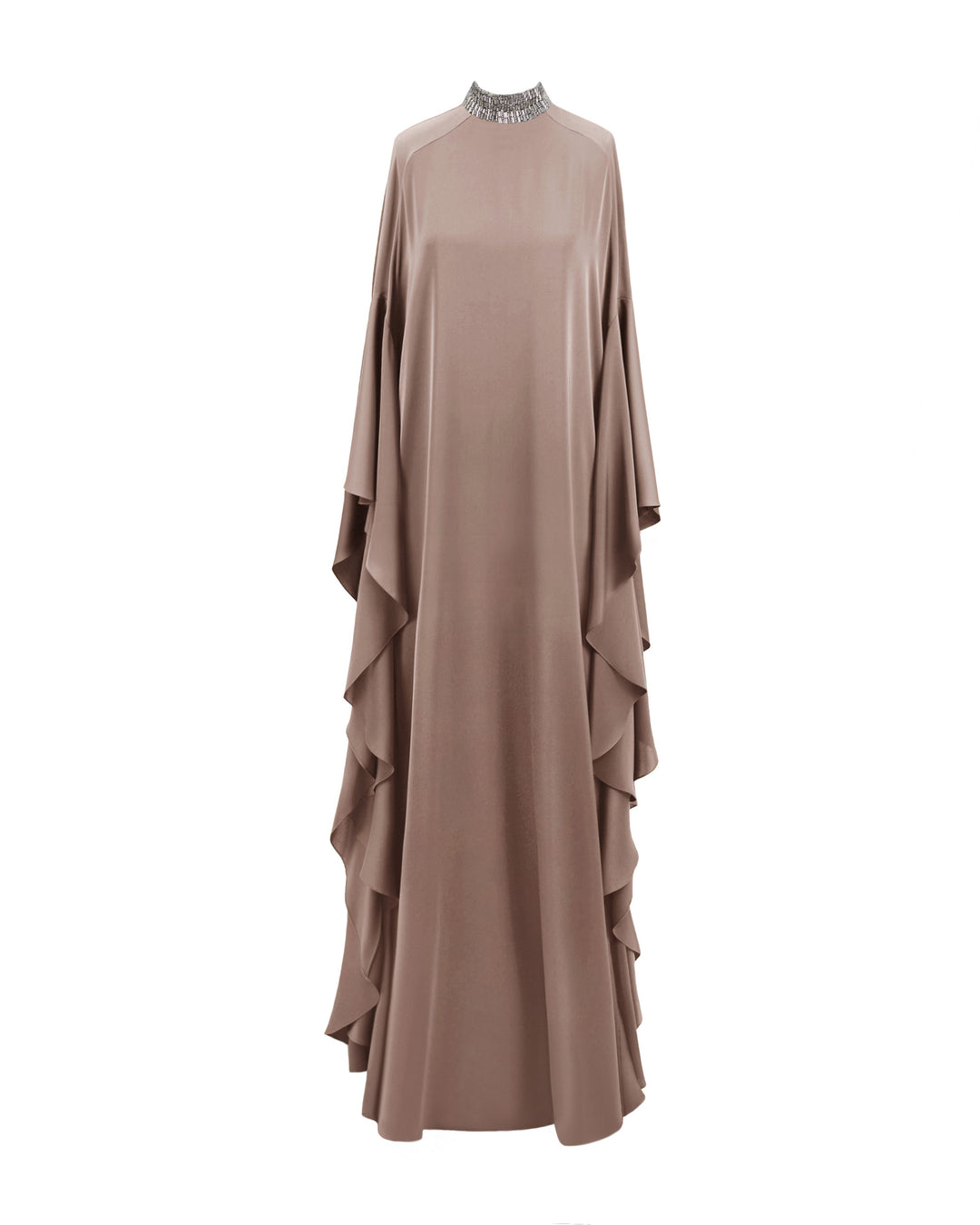 A kaftan-style evening dress in taupe color with a beaded collar and ruffled floor-length sleeves.