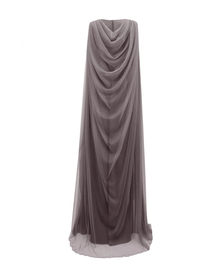 The back of a loose-cut kaftan grey evening dress with floor length cape like sleeves and draping on the back.