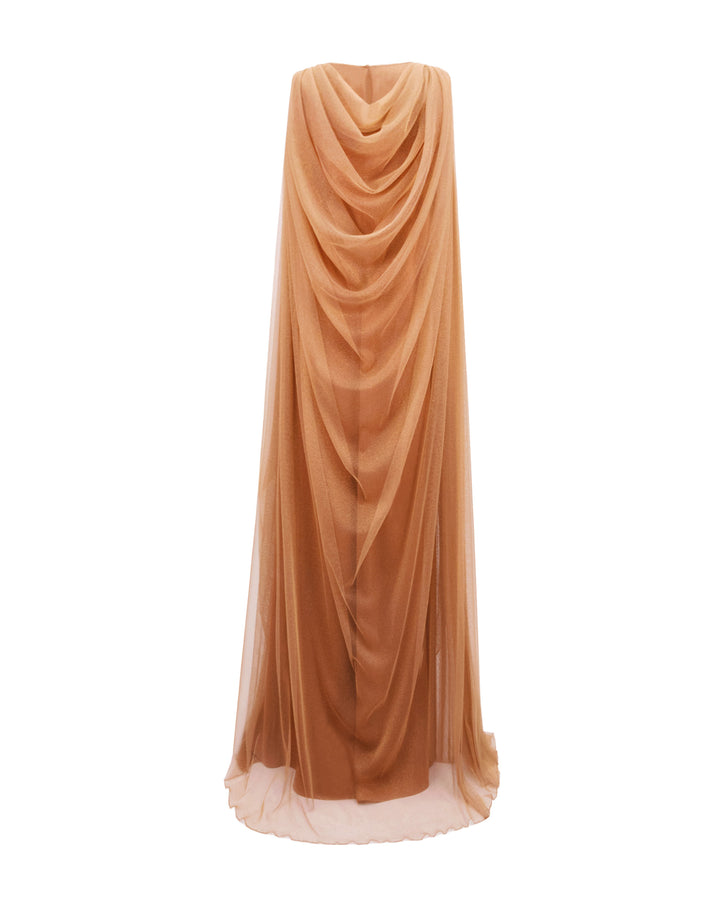 A loose-cut kaftan style copper evening dress with a draped back.