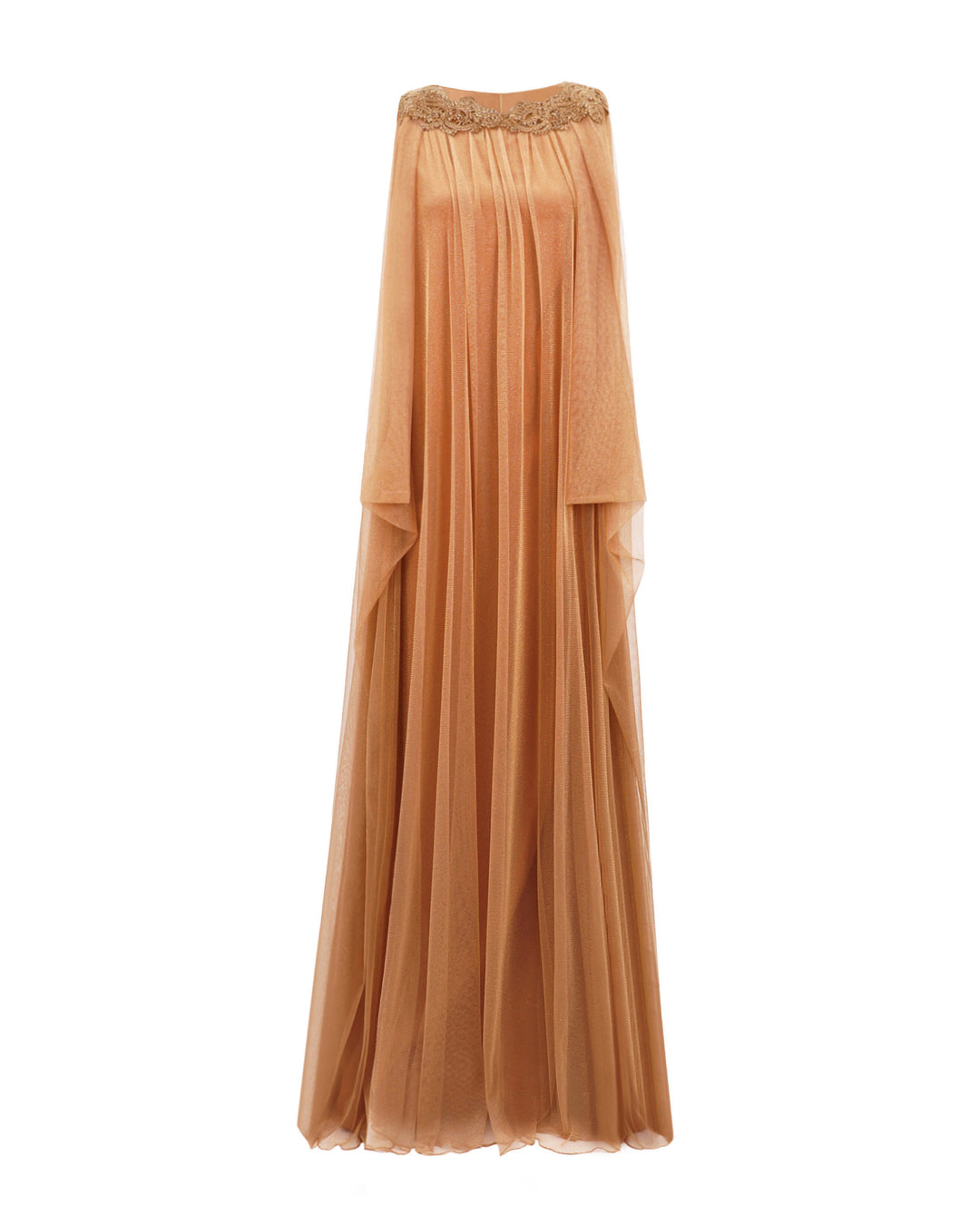 A loose-cut kaftan style copper evening dress with beadings at the neckline.