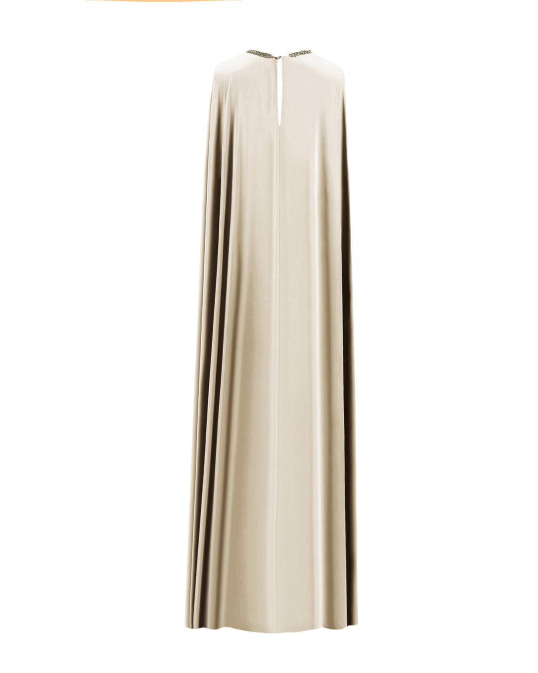 The back of a cream color satin Kaftan-style evening dress with a beaded neckline.