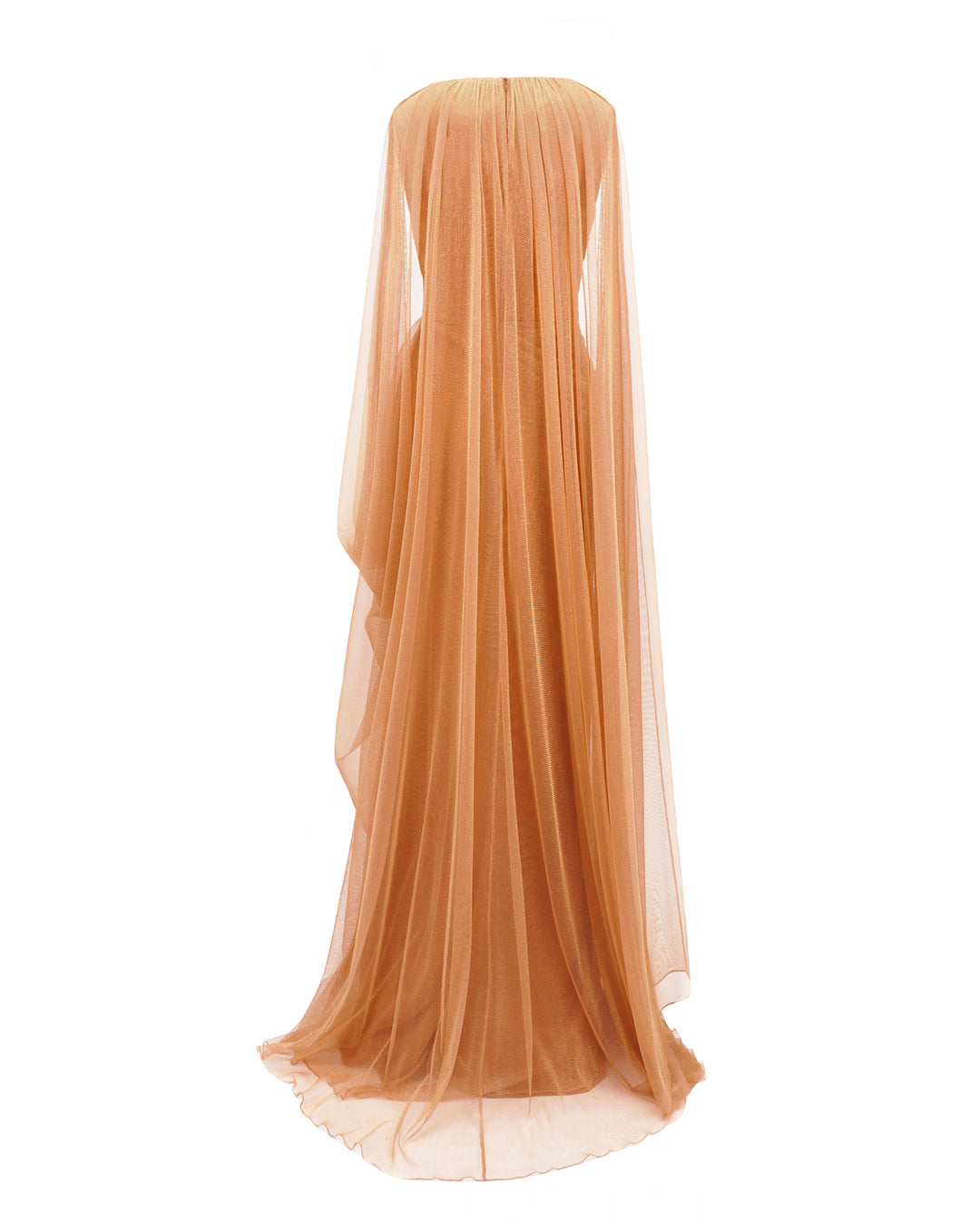 A V-neckline draped shiny tulle evening dress in copper color with asymmetrical cape-like sleeves.