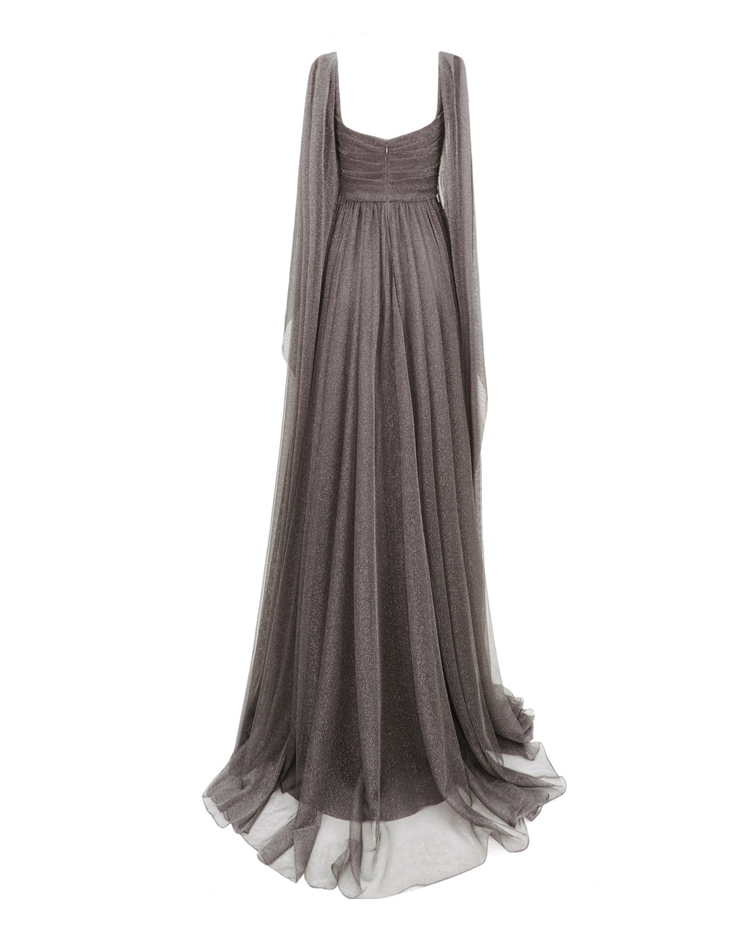 The back of a grey tulle evening dress with ruffled floor-length sleeves, a slightly open back, and a draped waistline.