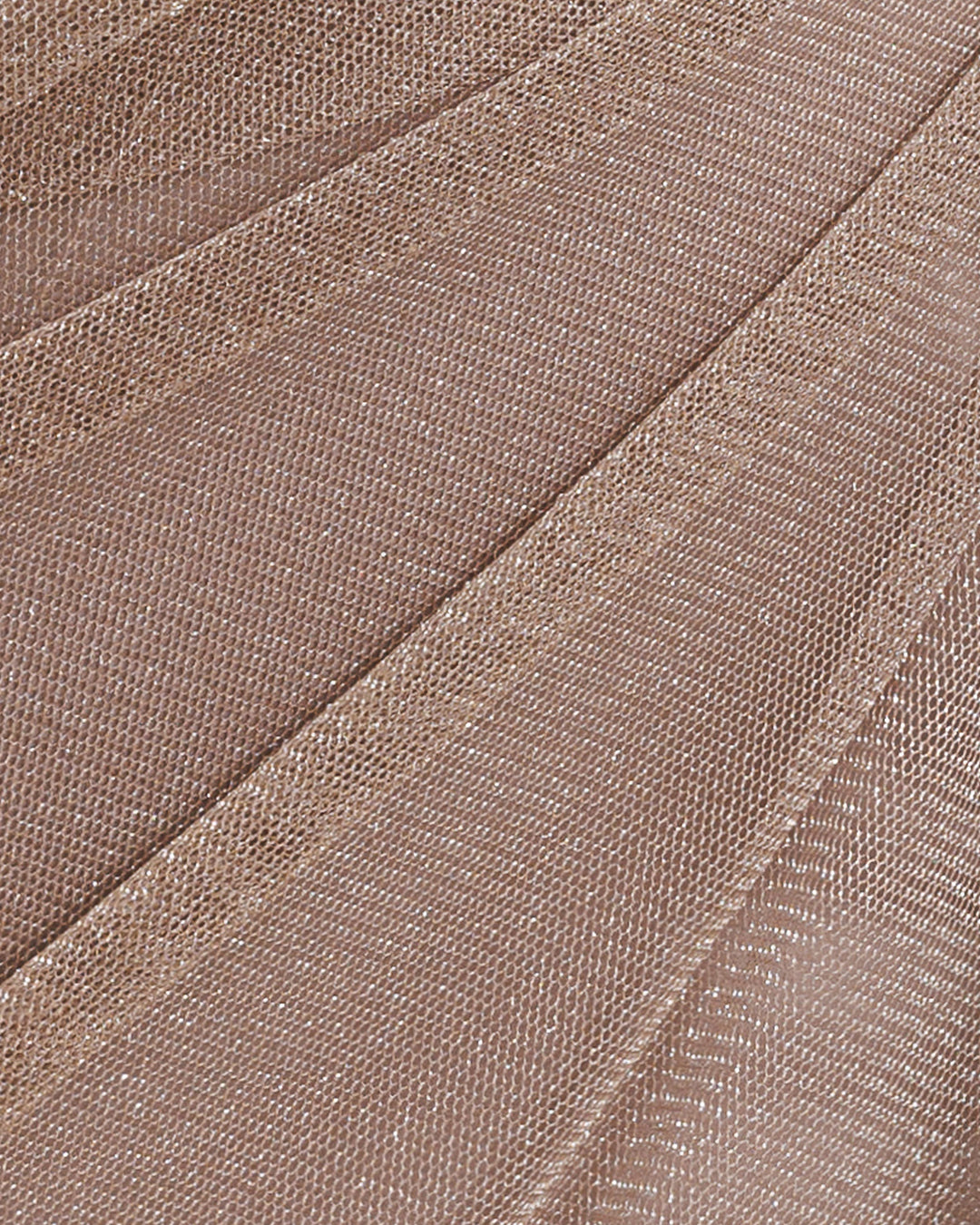 A close-up of a shiny tulle fabric in taupe color.