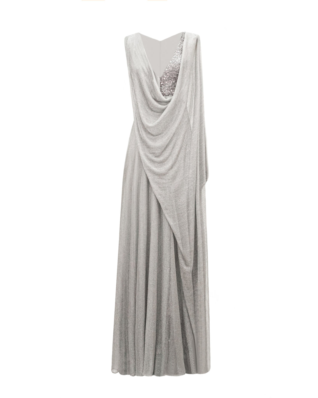 A V-neckline silver evening dress in net tulle with beading details on the side and a long draped cape-like one sleeve.