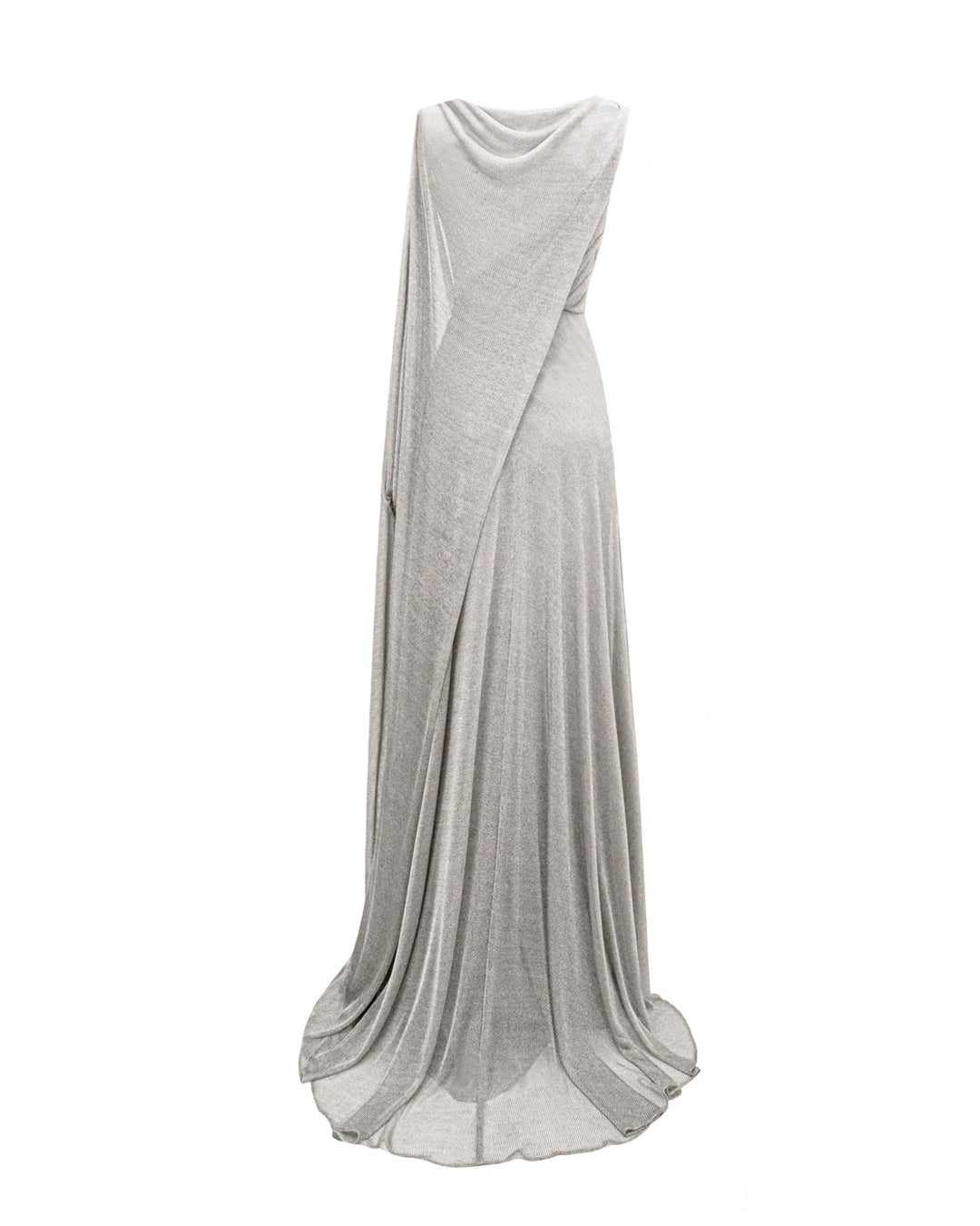 The back of a V-neckline silver evening dress in net tulle with a long draped cape-like one sleeve.