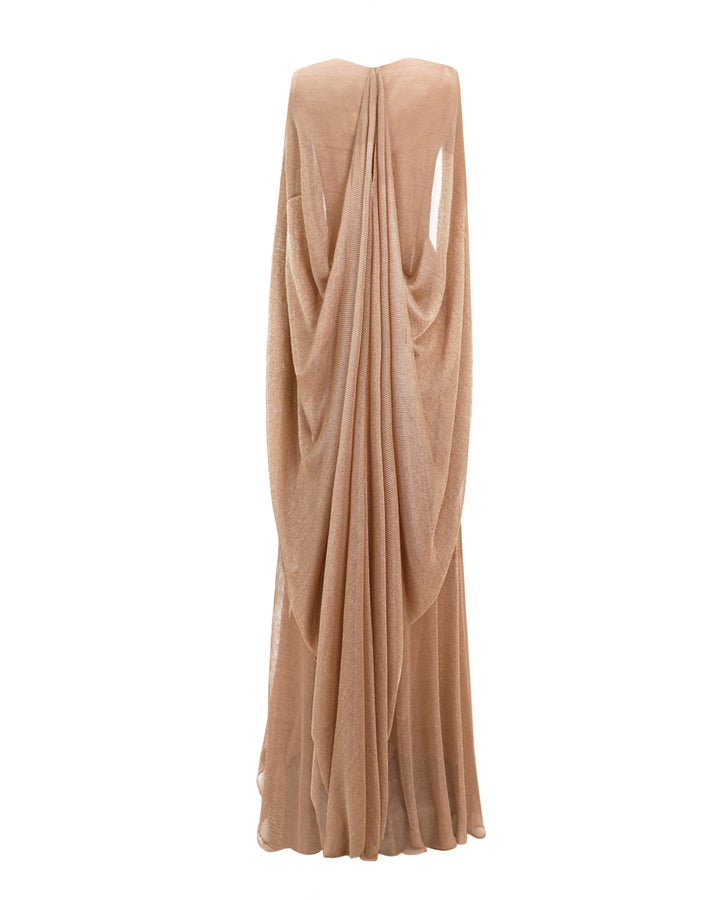 The back of a net tulle evening dress in bronze color with cape-like sleeves, waist and back.