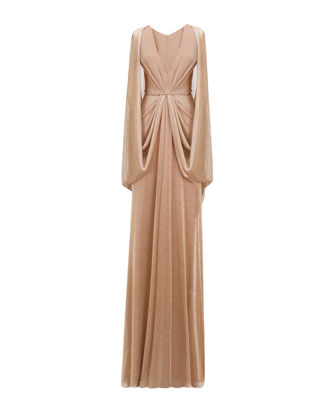 A V-neckline net tulle evening dress in bronze color with draped sleeves and waist.