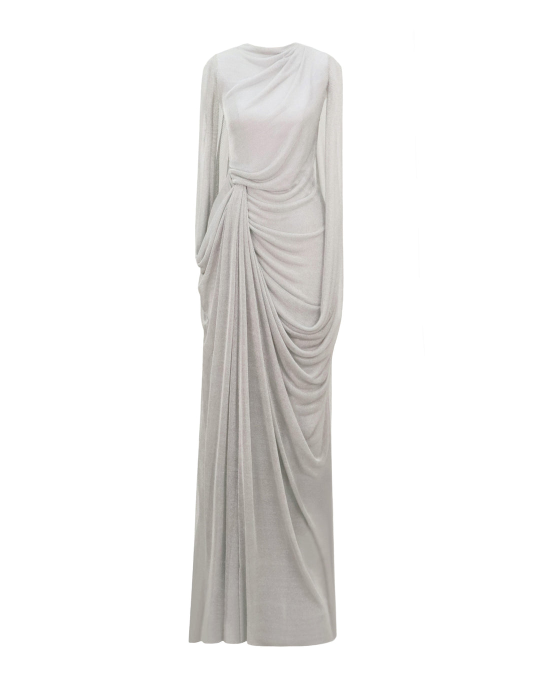 A long silver net tulle evening dress with draping on the neckline and waist, and cape-like sleeves.