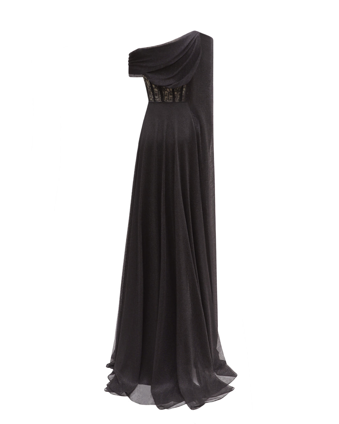 The back of an asymmetrical neckline draped black dress with a structured see-through corset.