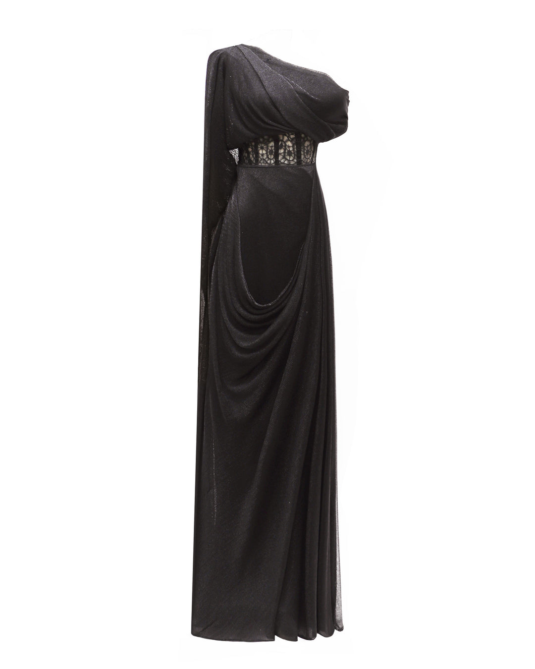 An asymmetrical neckline draped black dress with a structured see-through corset.