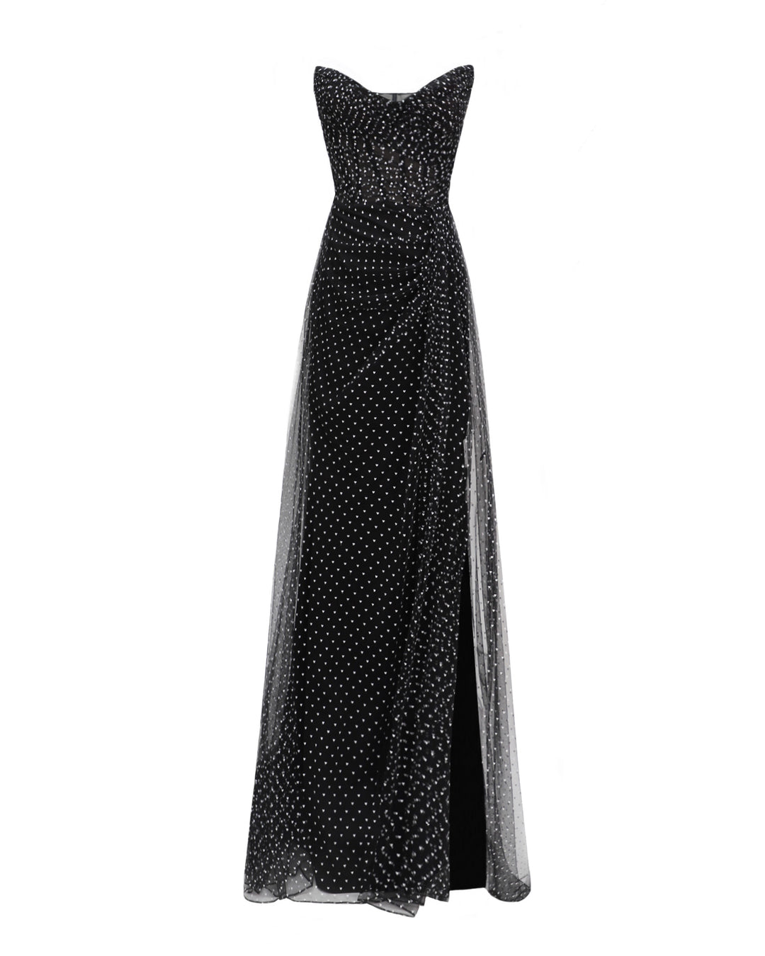 A strapless heart-neckline draped black dress with a slit on the side and mini white heart pattern.