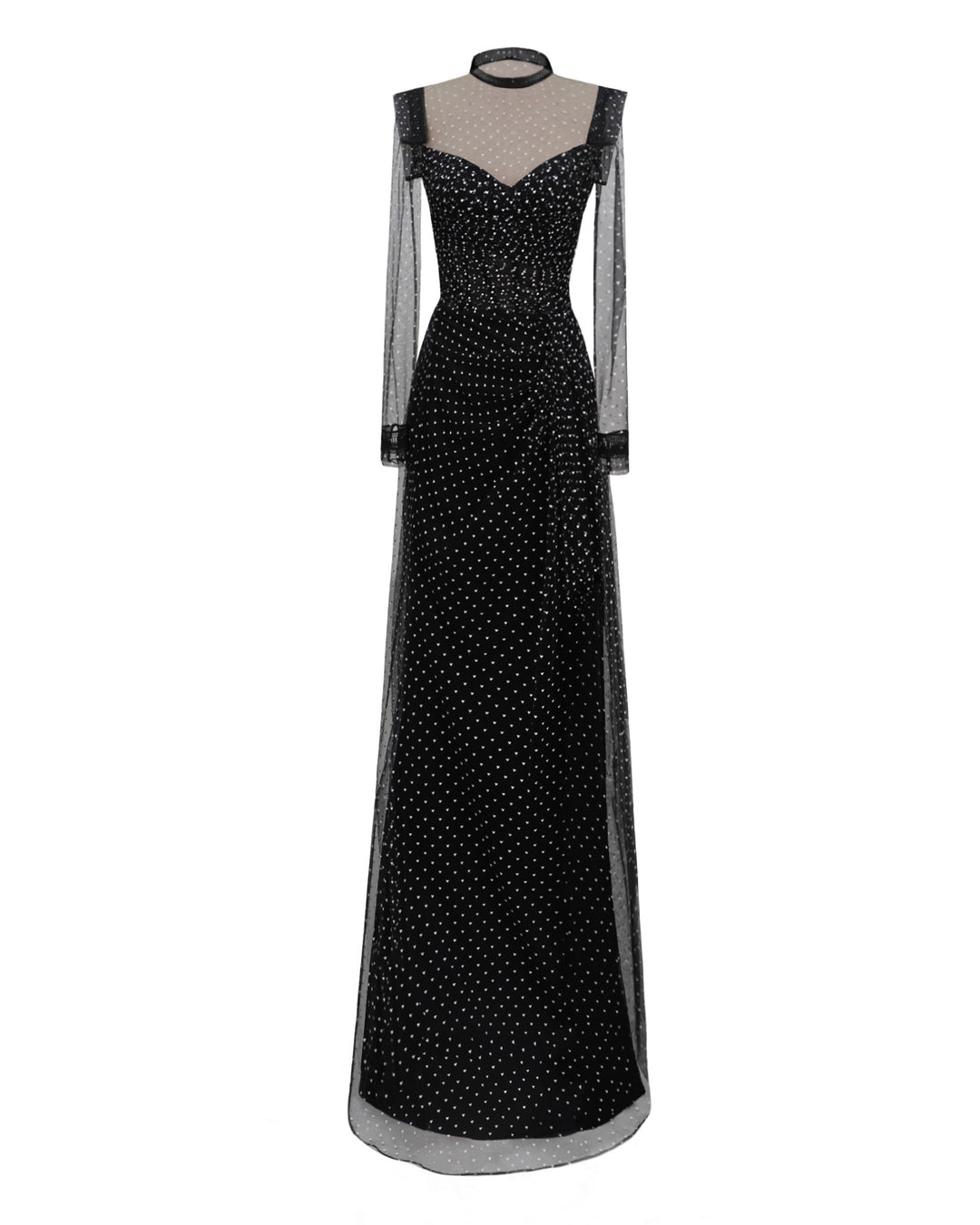 A strapless heart-neckline draped black dress with a slit on the side, paired with a detachable see-through long sleeve top.