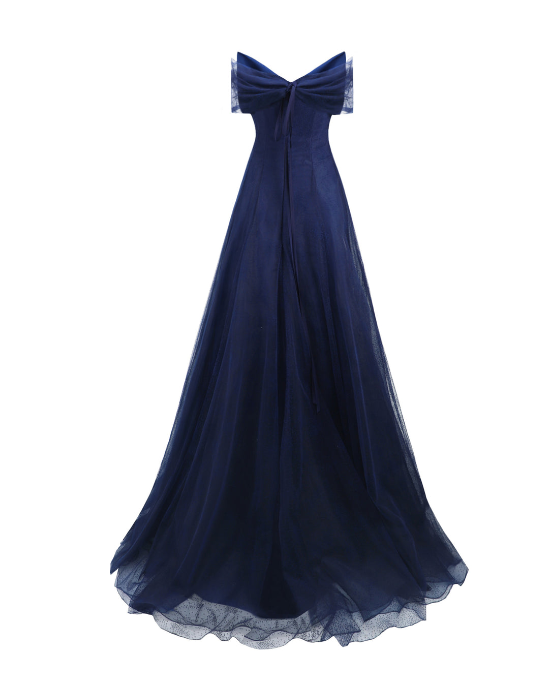 A draped off-the-shoulders navy dress with a gathered bow closure at the back.