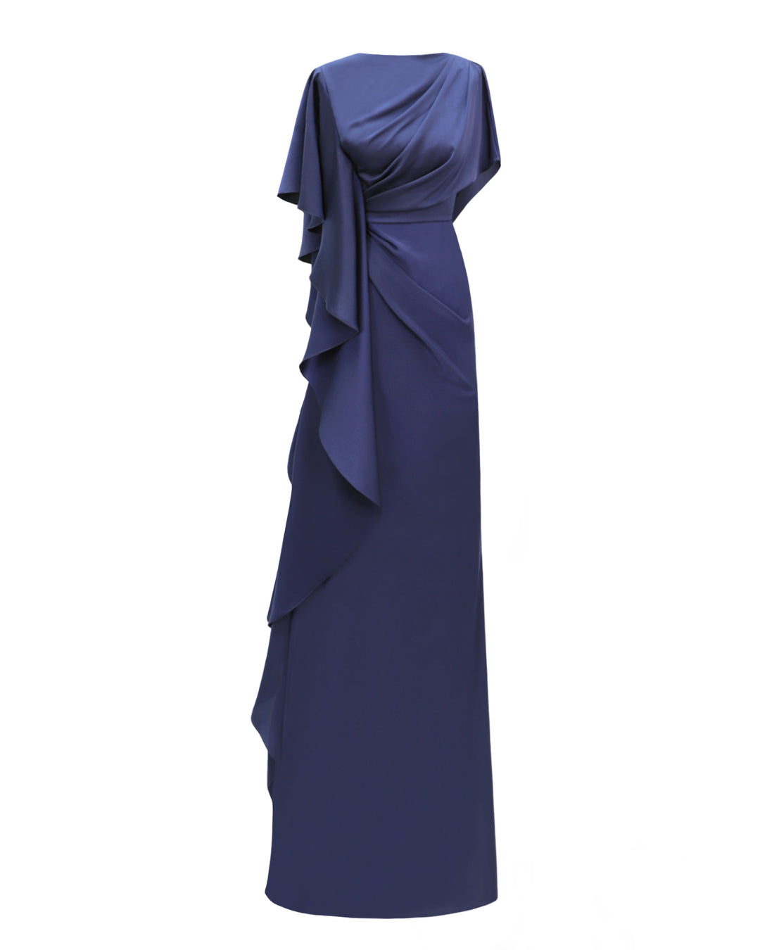 An asymmetrical draped navy evening dress with a ruffled sleeve going all the way down to the hemline and a slit on the side.