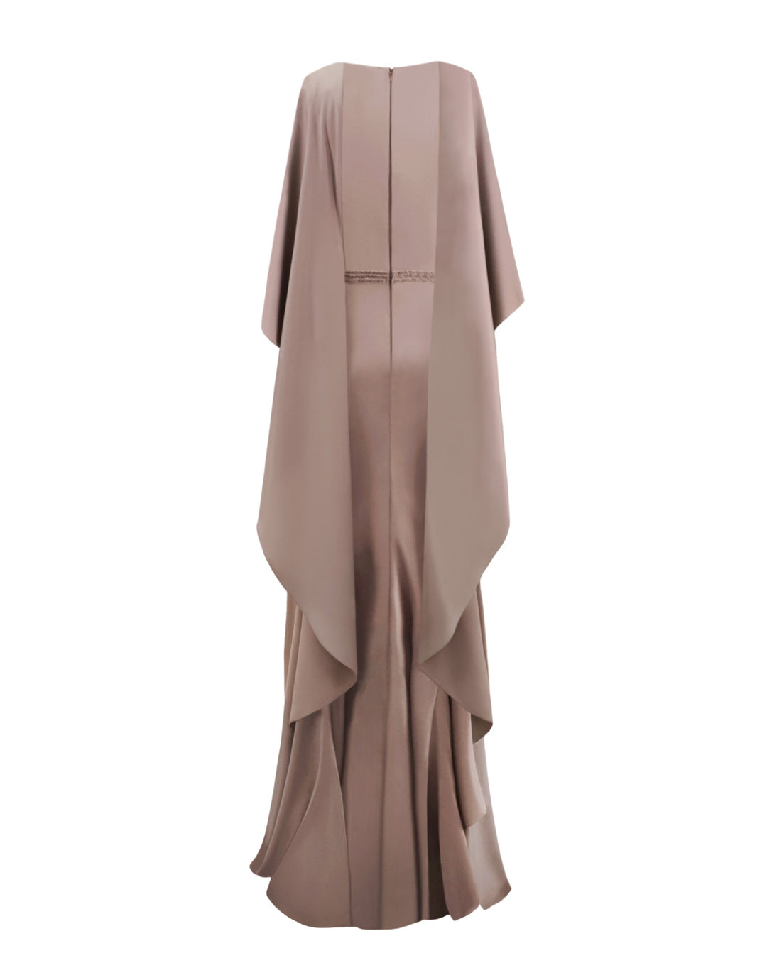 The back of a draped satin evening dress in taupe color with ruffled cape-like sleeves.