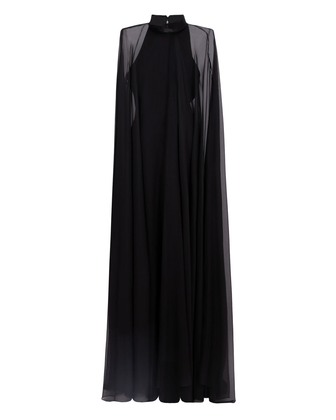 A slim cut crepe long black evening dress with see through overlayered cape.