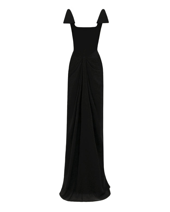 A squared neckline corset long black evening dress with bow designs on the shoulders and draping details on the waist.