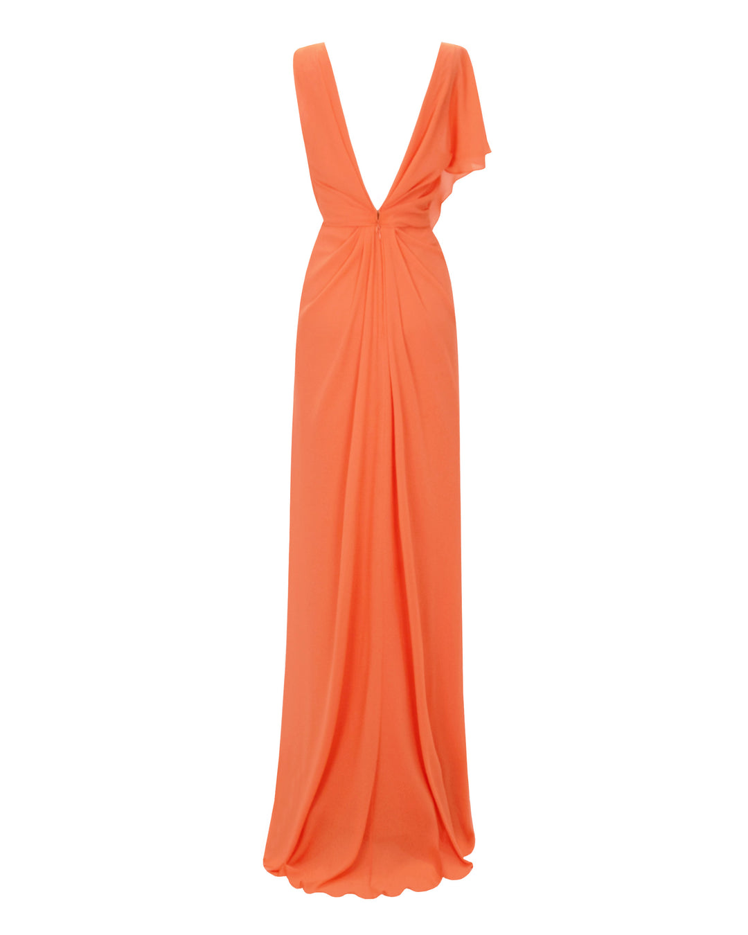 A draped long peach evening dress with asymmetrical sleeves, and an open V-shaped back.