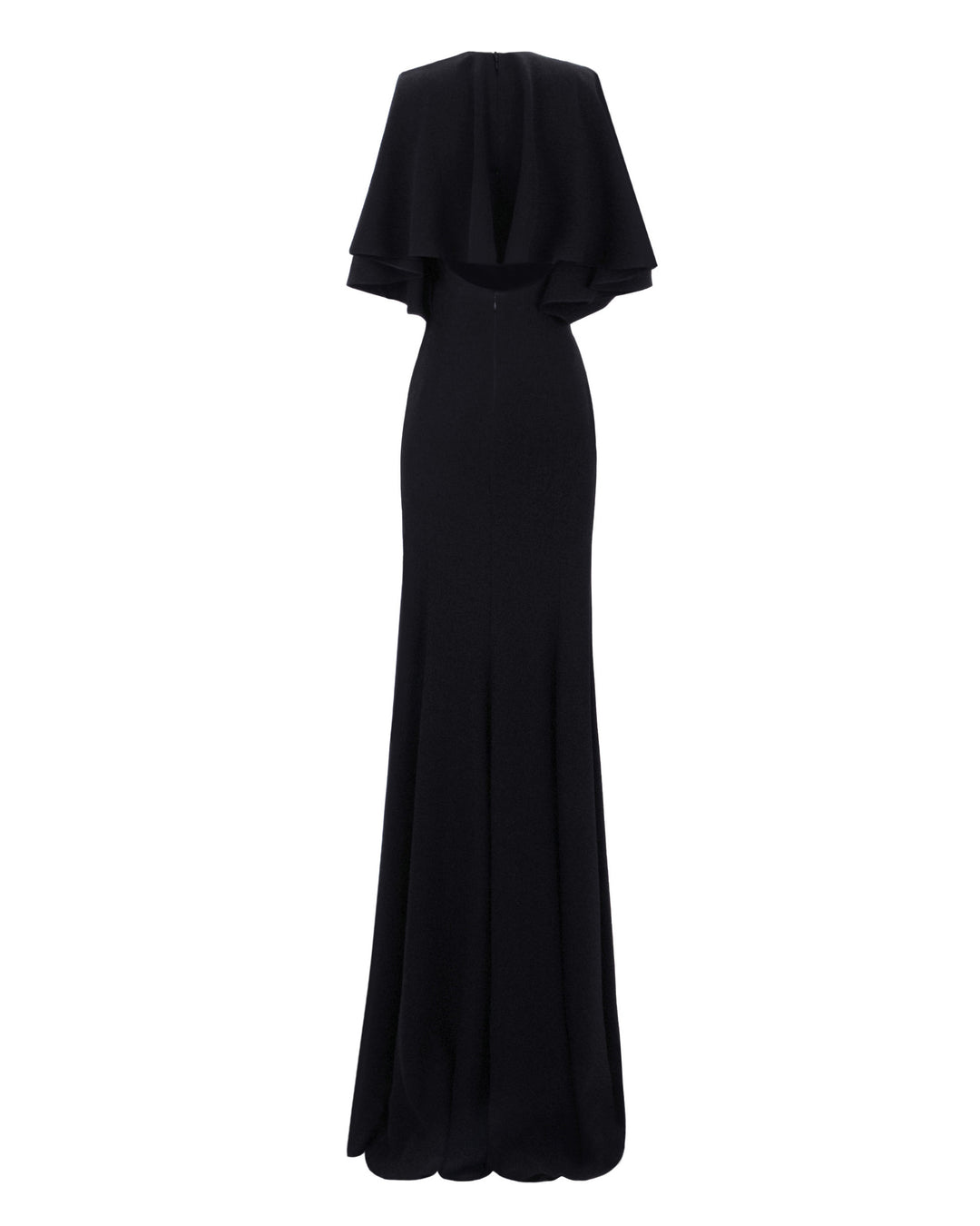 The back of a slim-cut black evening dress with a wide cape-like sleeves, and an open lower back.