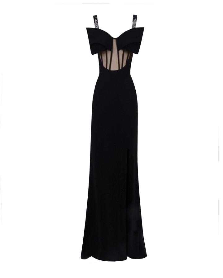 A slim-cut black long evening dress featuring a see-through corset with a bow off-shoulders design, beaded straps, and a slit on the side.