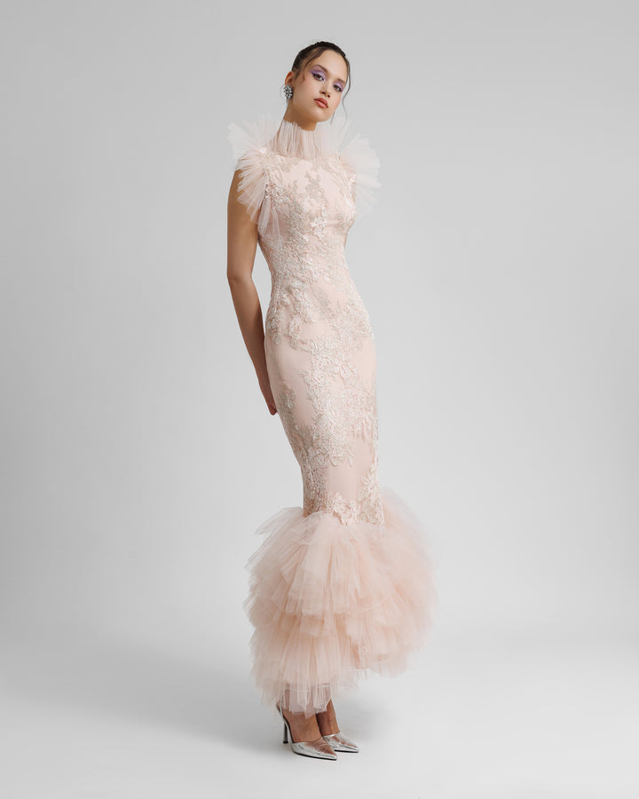 A fully embroidered lace long blush evening dress with rushed tulle on the neckline, shoulders line and hemline.