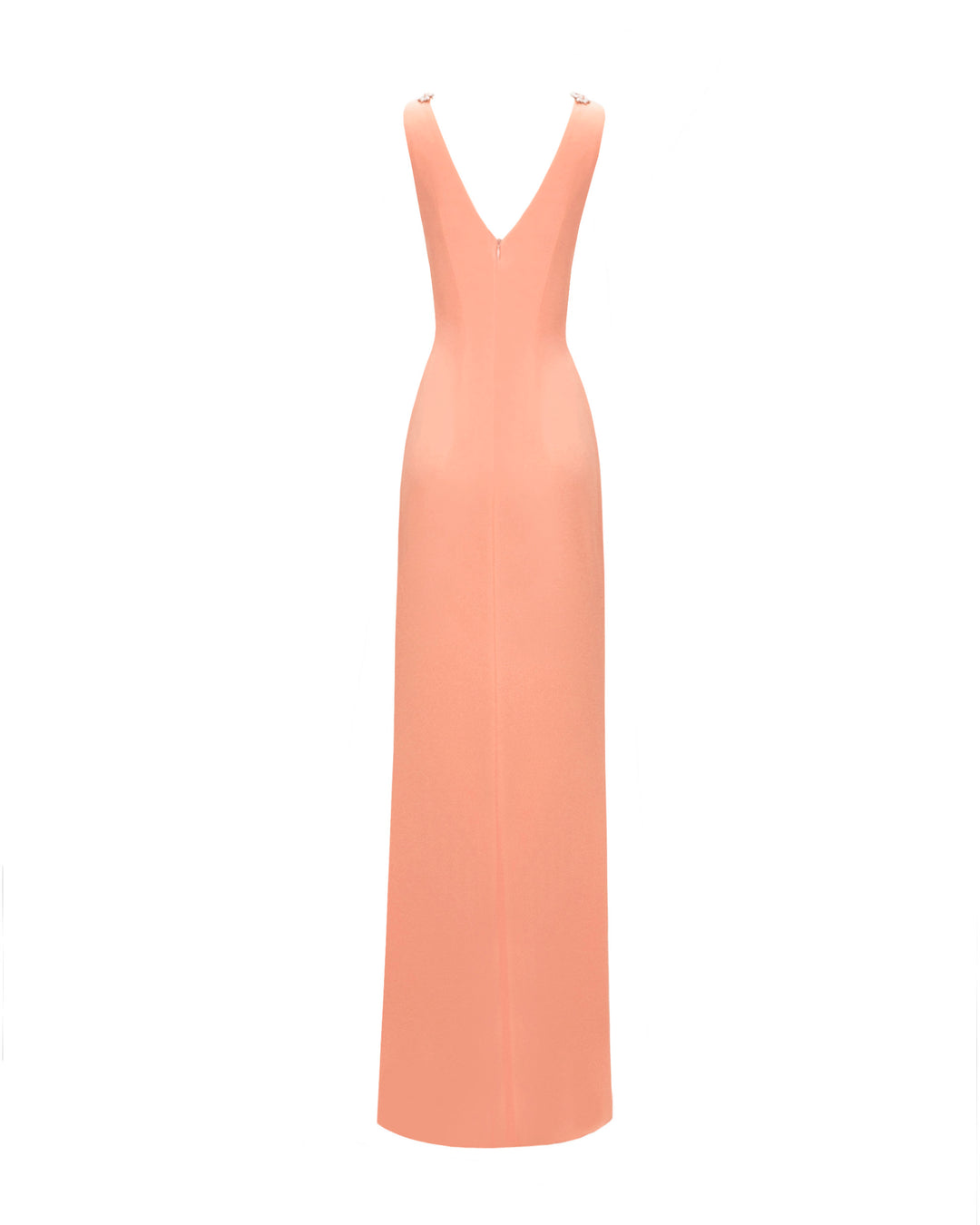 A V-shaped open back peach evening dress.