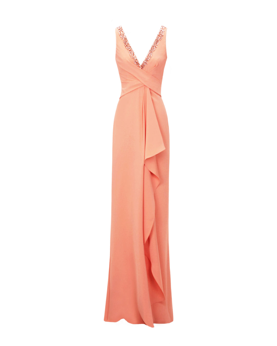 A peach beaded v-neckline evening dress featuring draping on the waist and a slit on the side.