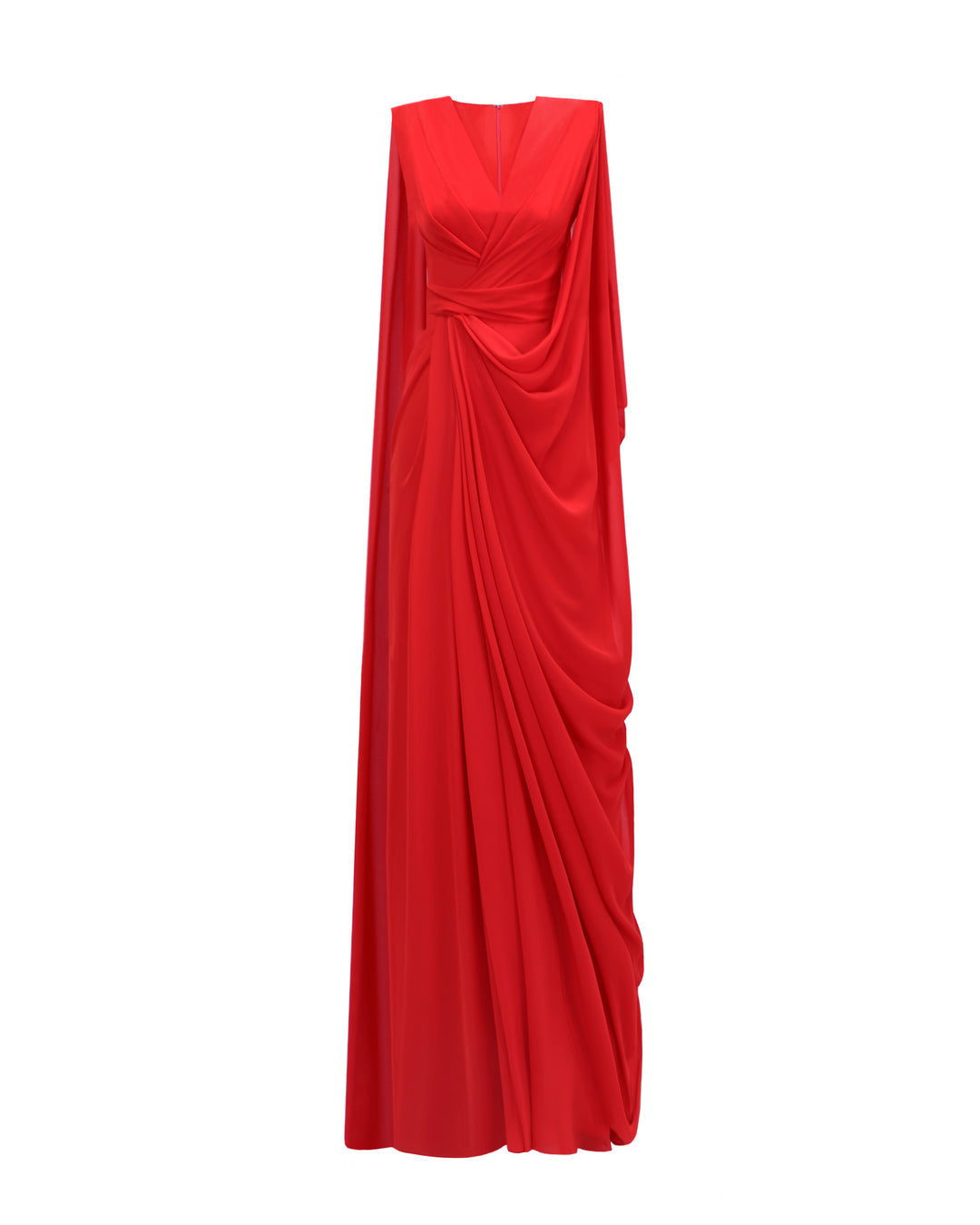 An asymmetrical V-neckline, red evening dress with draping details, and a long cape-like sleeves.