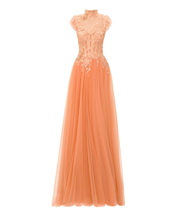 A fully embellished floral see-through corset evening dress in peach color with a high-collar and flared tulle skirt.