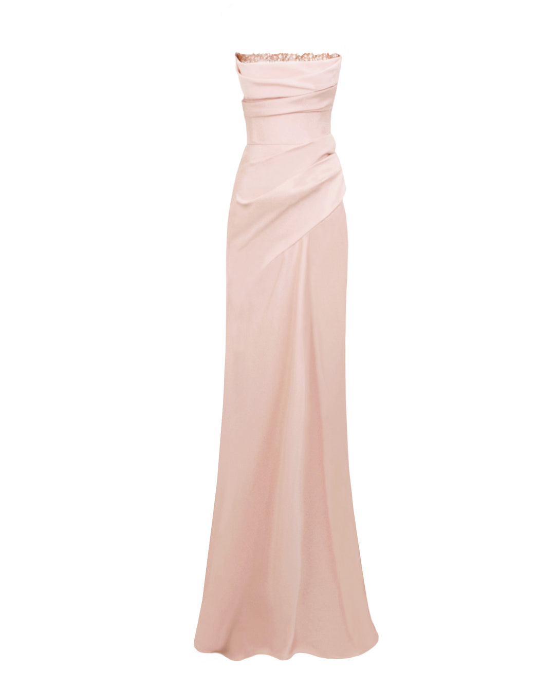 A strapless, straight cut blush long evening dress, with beading details on the bust line, and some draping details from the bust going down the waist.