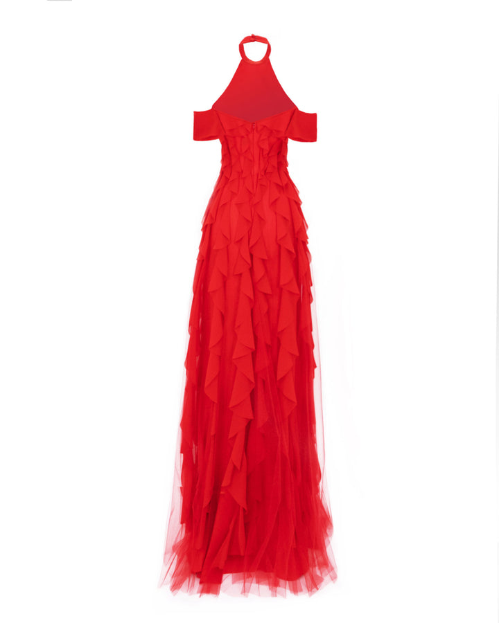 A open back halter-neck red evening dress featuring dropped sleeves and laser-cut embellishments.