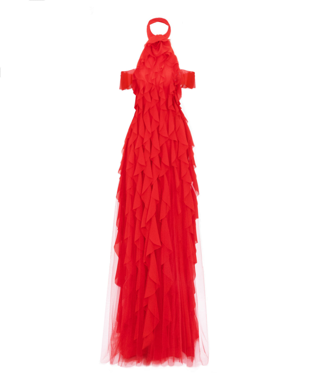 A halter-neck red evening dress featuring dropped sleeves and laser-cut embellishments.