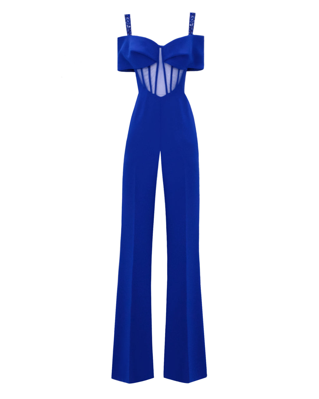 A flared royal blue jumpsuit featuring a see-through corset with a bow off-shoulders design and beaded straps.