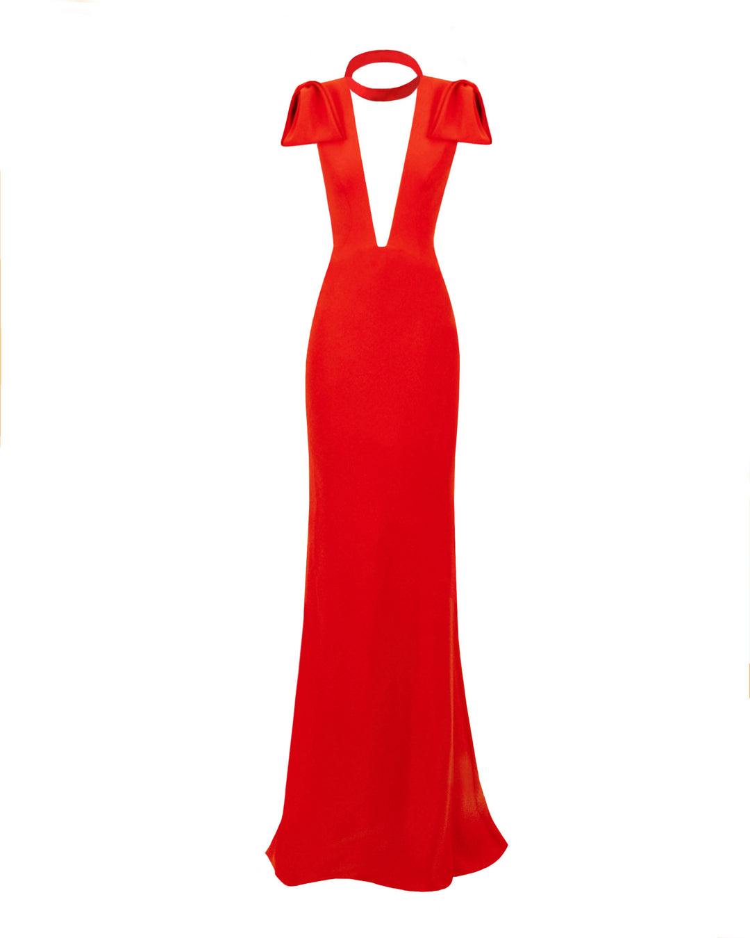 A deep V-neckline with slim-cut long red evening dress featuring bows on the shoulders and an open back.