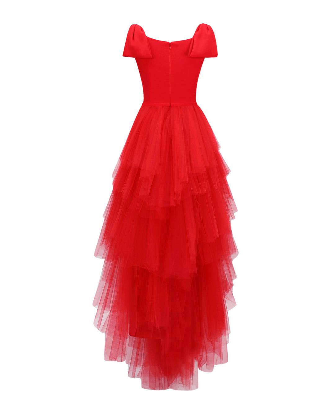 The back of a long red evening dress with bow designs on the shoulders and asymmetrical rushed tulle layered skirt.