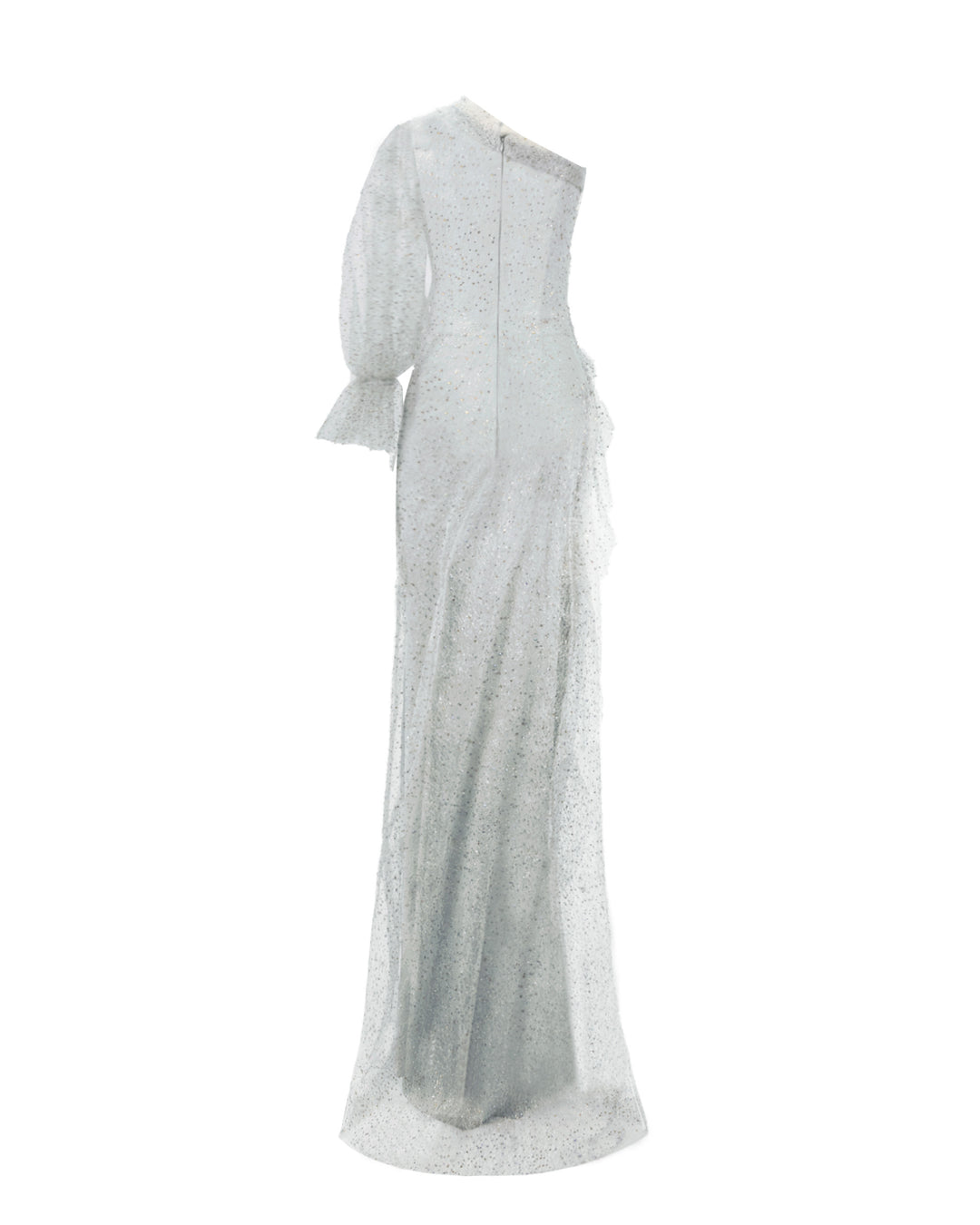 The back of a one shoulder grey evening dress with draping details, and a puffed see-through sleeve.