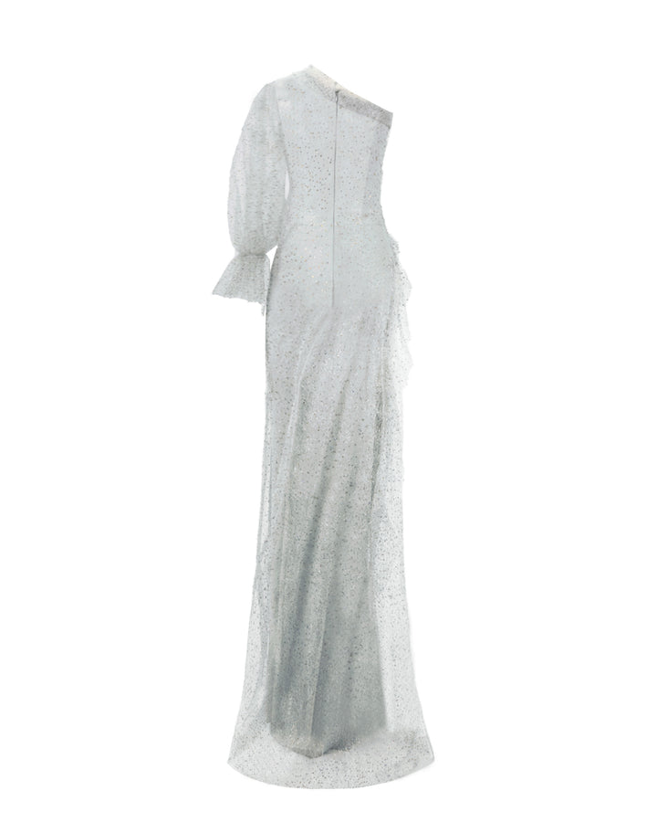 The back of a one shoulder grey evening dress with draping details, and a puffed see-through sleeve.